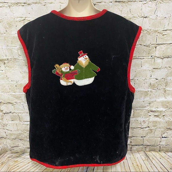 Snowman Christmas Embroidered Black Red Velvet Holiday Vest - Picture 2 of 4